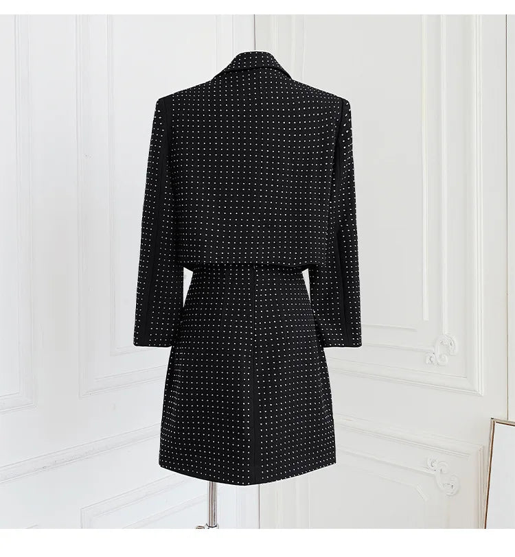 Slimming Spliced Hot Fix Two Piece Sets for Women Lapel Long Sleeves Patchwork Single Breasted Top Skirt Set Female