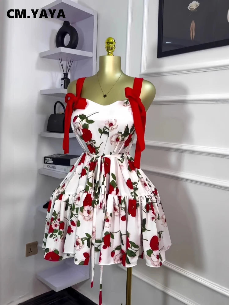 Women Floral Printed Flare Sleeveless Bow Strap Belt Mini Dress 2025 Evening Sexy Beach Party Birthday Street Dresses