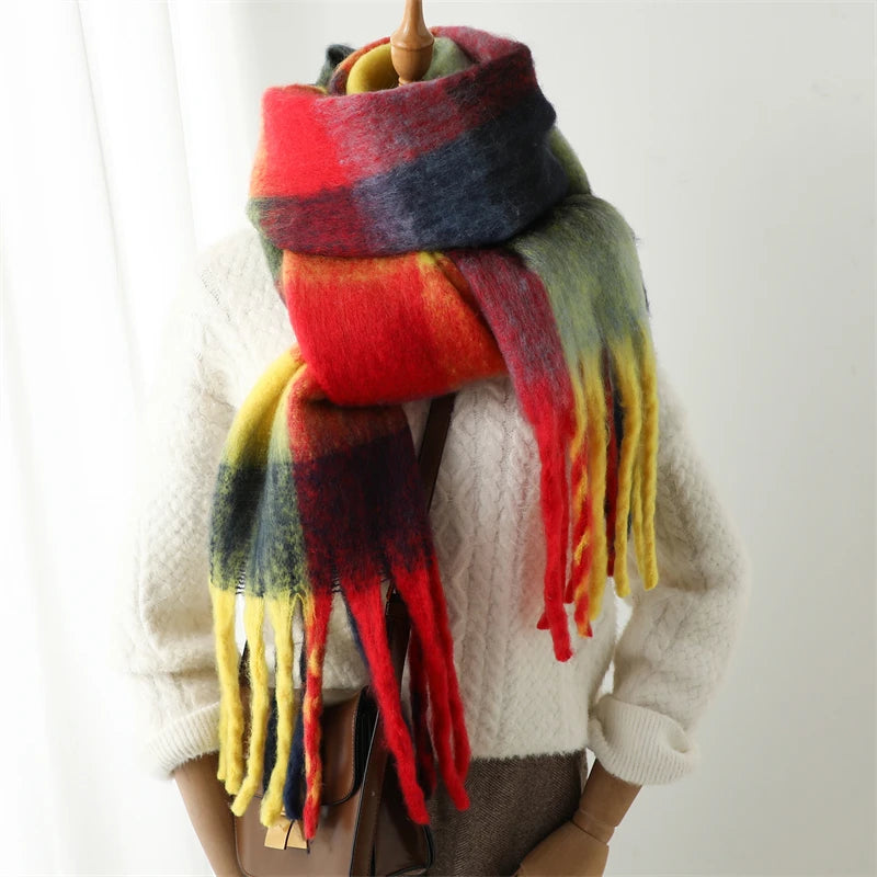 Thick Warm Scarf Women Winter Neck Shawls Tassel Pashmina Scarves Lady Cashmere Bandana Plaid Rainbow Hairy Foulard WJ137-29