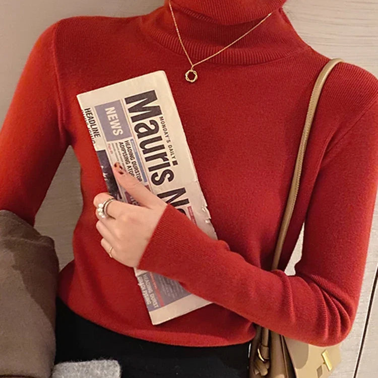 Women Turtleneck Sweaters Casual Soft Long Sleeve Pullovers Elastic Jumpers Knitwear Slim Basic Sweater For Women Autumn Winter Red One Size