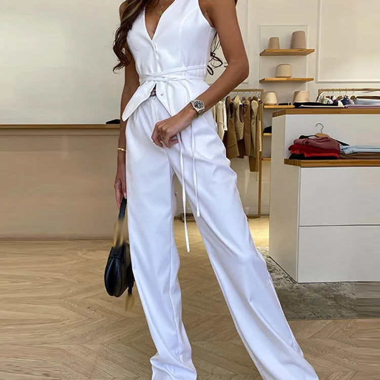 Sexy V-neck Vest Women High Street Sleeveless Lace Up Slim Female Tank Spring Summer Elegant Solid Office Lady Outwear