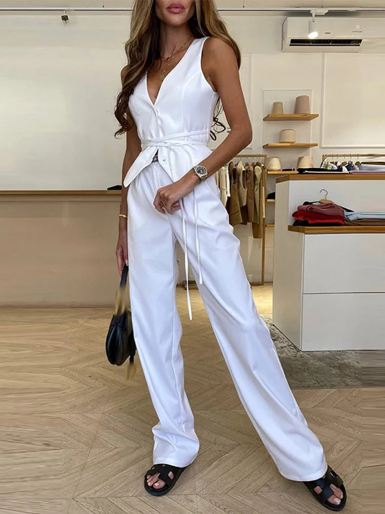 Sexy V-neck Vest Women High Street Sleeveless Lace Up Slim Female Tank Spring Summer Elegant Solid Office Lady Outwear