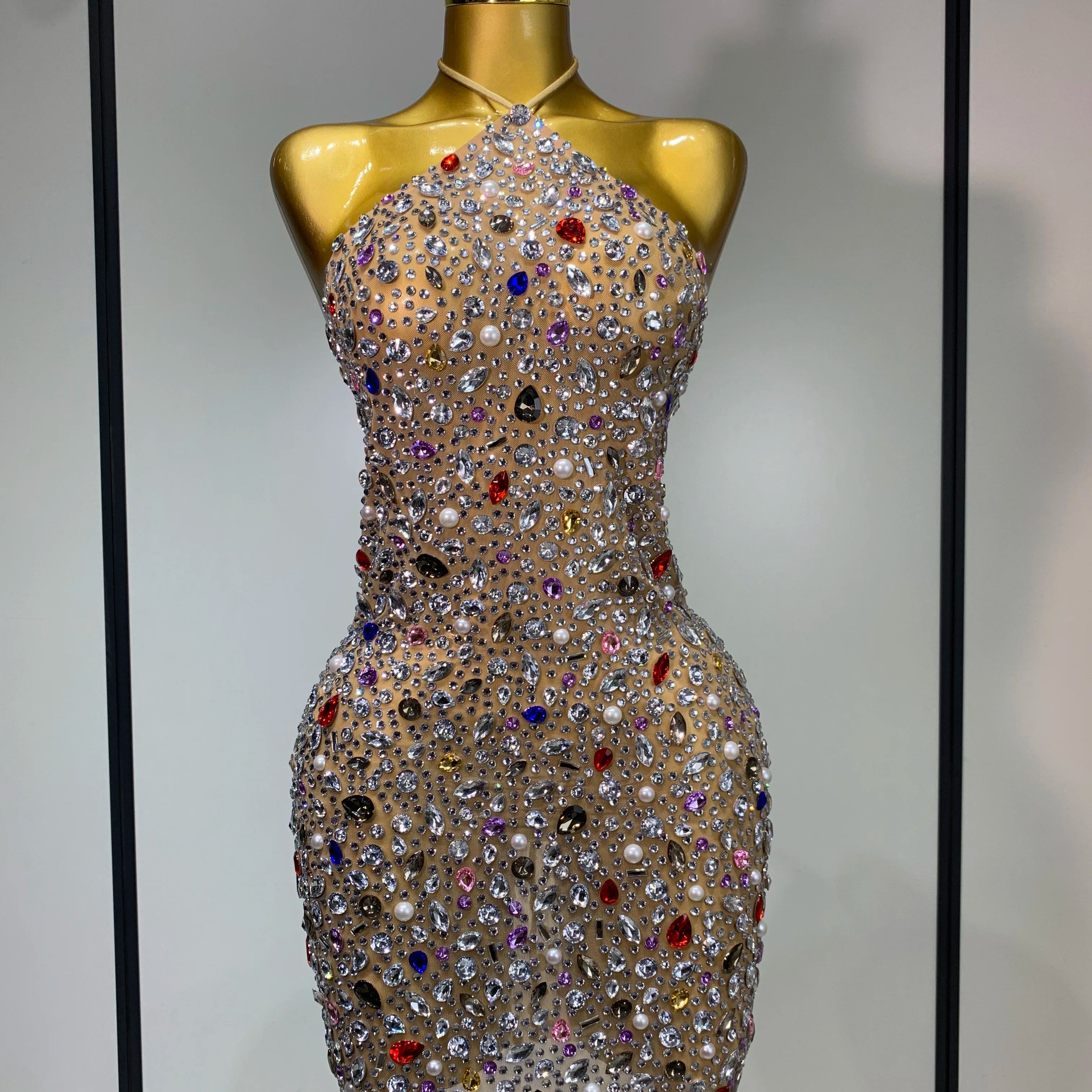 Colorful Crystals Diamond Women Sexy Halter Mesh See Through Bodycon Dress Nightclub Evening Party Celebrate Birthday Costume MULTI