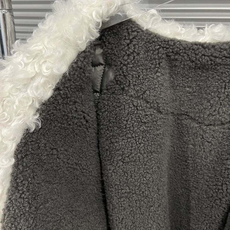 Autumn Winter New Niche Design Lamb Wool Patchwork Warm Leather Jacket For Women Loose Double-breasted Coat 11A07816