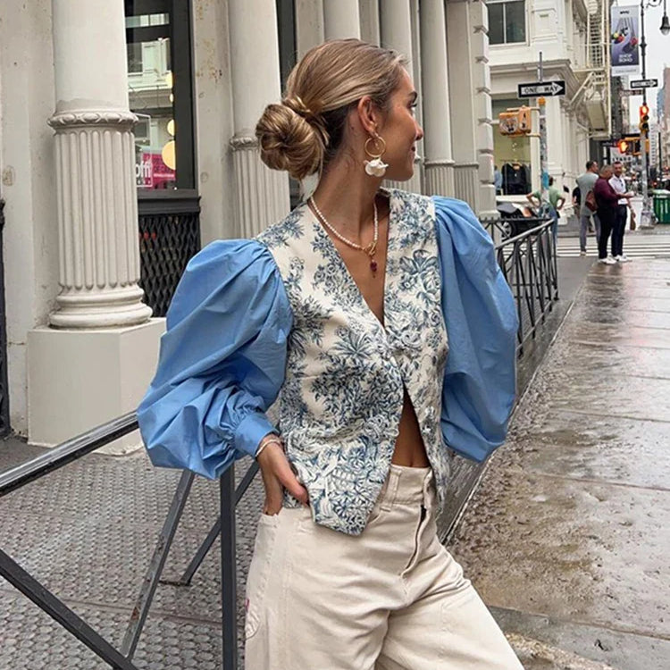 Fashion Print Lantern Sleeve Shirt Women Loose Buttons V-neck Split Female Top Summer Lady Patchwork Blue Streetwear