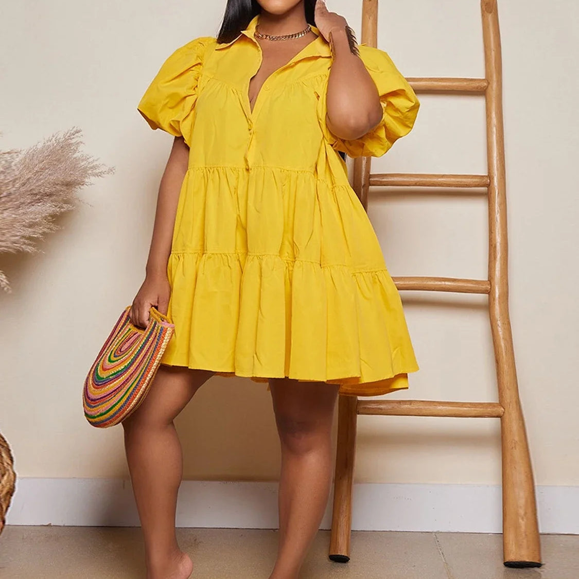 Elegant Women Puff Sleeve Single Breasted Lapel Collar Babydoll Dress Street White Big Swing Loose Smock Shirt Dresses