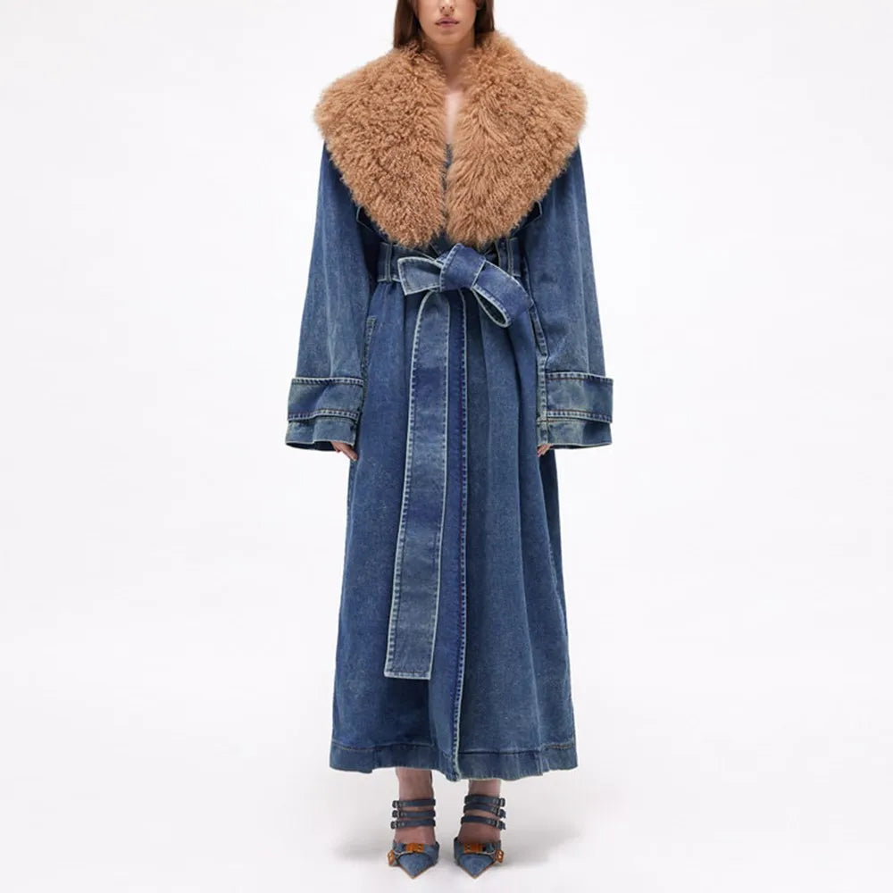 Colorblock Patchwork Lace Up Denim Coat For Women Fur Collar Long Sleeve Loose Casual Trench Female Fashion Style Blue