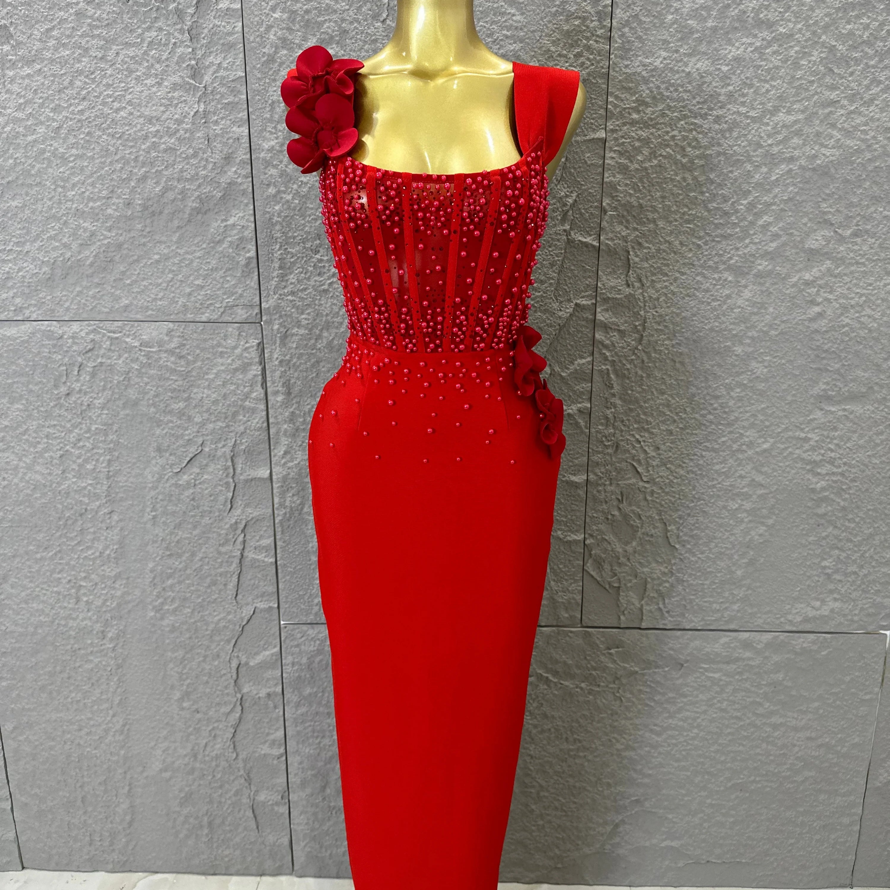 Women Sexy Sheer Mesh Corset Beaded 3D Floral Applique Form-Fitting Outfit Formal Event Party Costum Red Square Neck Maxi Dress Red