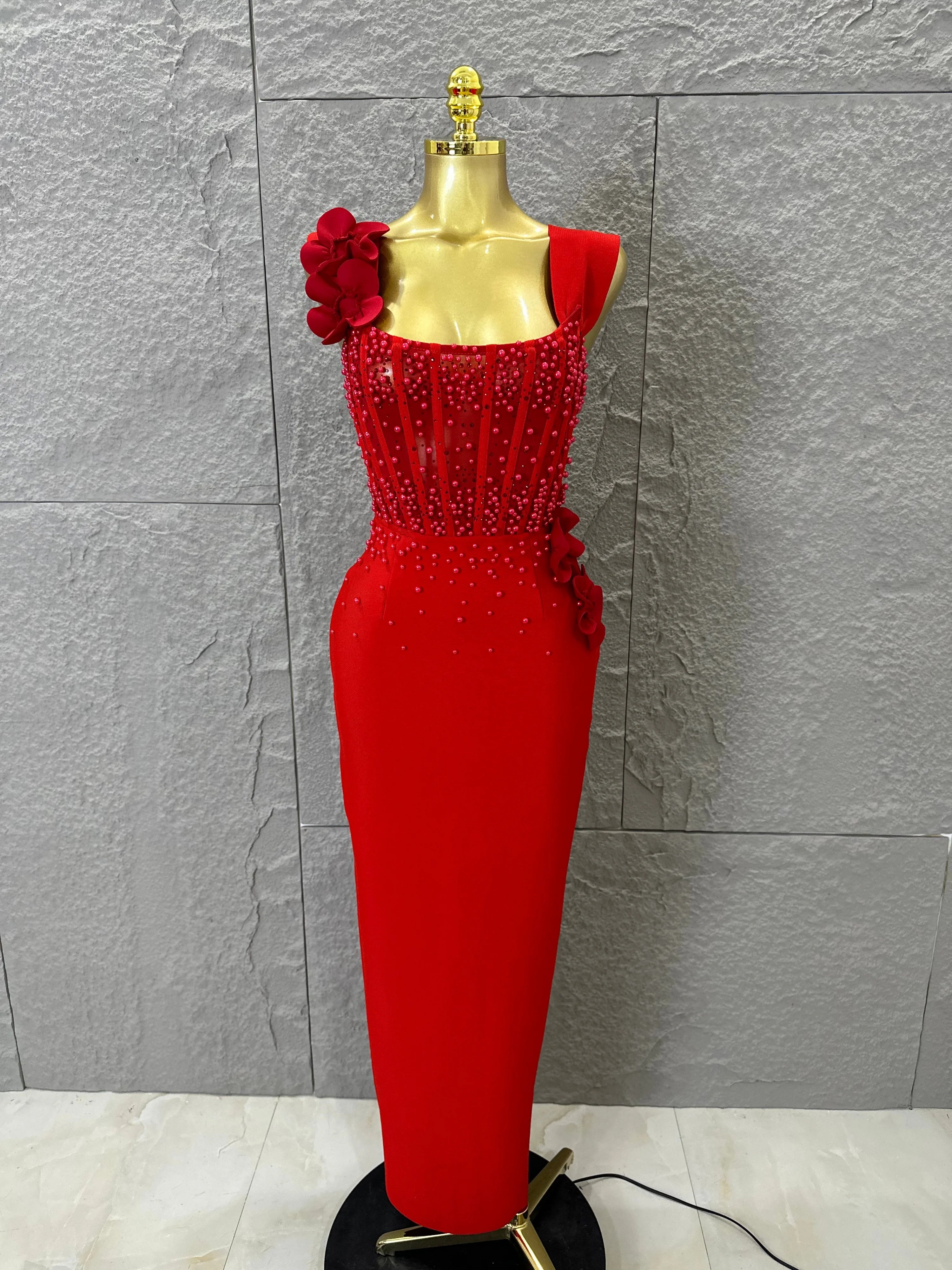 Women Sexy Sheer Mesh Corset Beaded 3D Floral Applique Form-Fitting Outfit Formal Event Party Costum Red Square Neck Maxi Dress Red