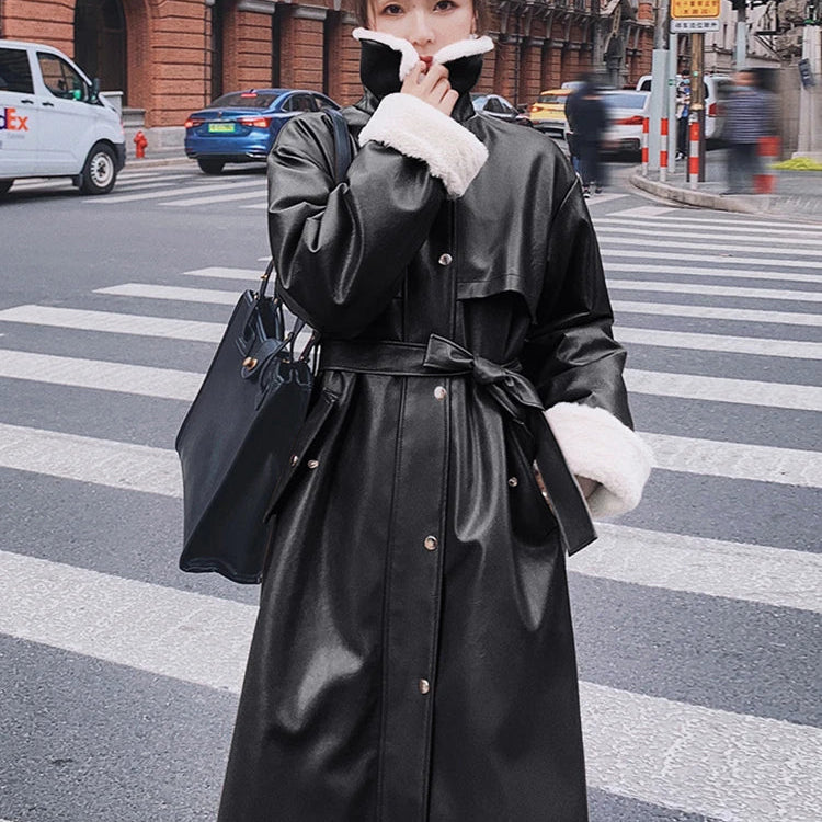 Winter Long Warm Thick Leather Trench Coat for Women with Faux Fur Inside Belt Loose Korean Fashion 2021 Fur Lined Parka Black