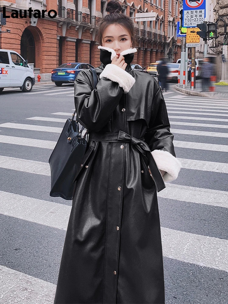 Winter Long Warm Thick Leather Trench Coat for Women with Faux Fur Inside Belt Loose Korean Fashion 2021 Fur Lined Parka Black