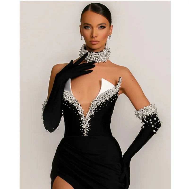 Luxury Pearl Beading Necklace Fashion Golves Black Velvet Strapless Floor Length Dress Celebrity Party Dress Birthday Vestido