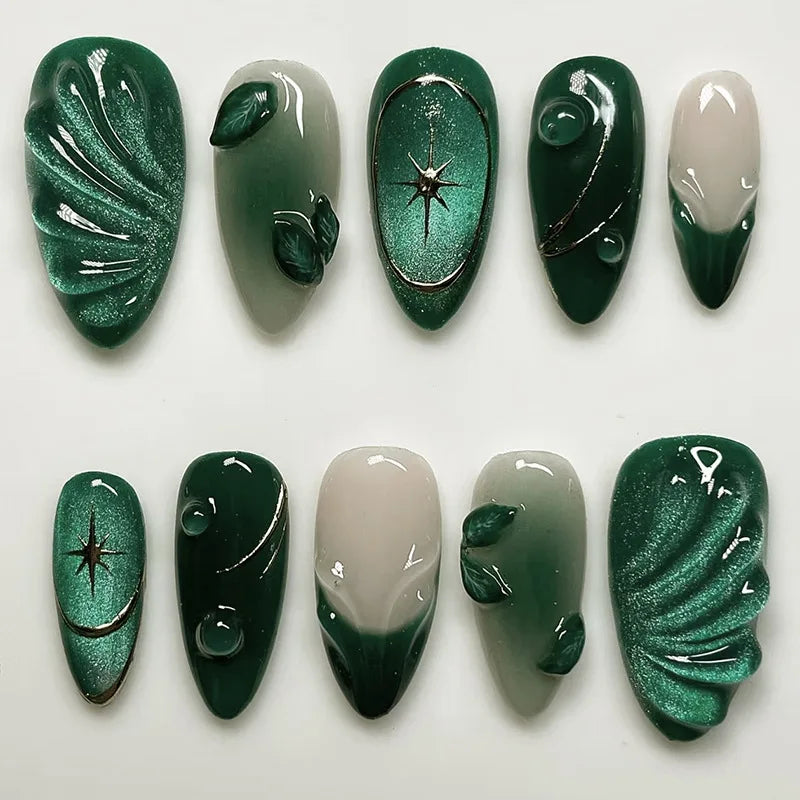 24Pcs 3D Green Ripple Design False Nails Cat's Eye French Almond Fake Nail Tips Leaves Pattern Removable Oval Press on Nails 1970