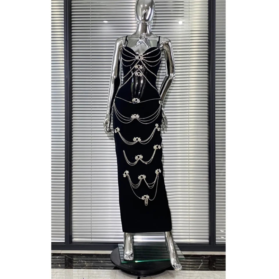 Luxury Woman Haute Couture Evening Dress Sparkling Diamonds Strapless Black Ankle Length Bandage Dress Birthday Party Outfit