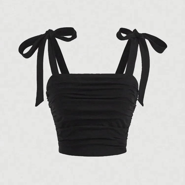 Solid Tie Shoulder Ruched Wide Strap Slim Fit Crop Top for Women Summer Y2K Clothes Pink Backless Cami Top Streetwear black