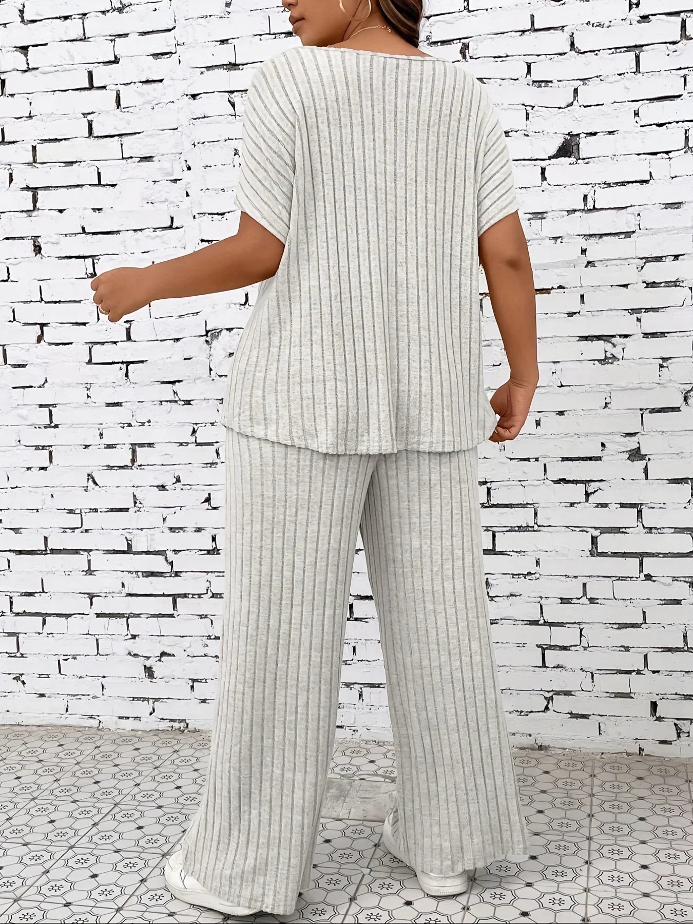 Plus Size Women’s Summer Autumn Casual Set Women Fashion Solid Color Short Sleeve Top Matching Trousers Comfortable Outfit