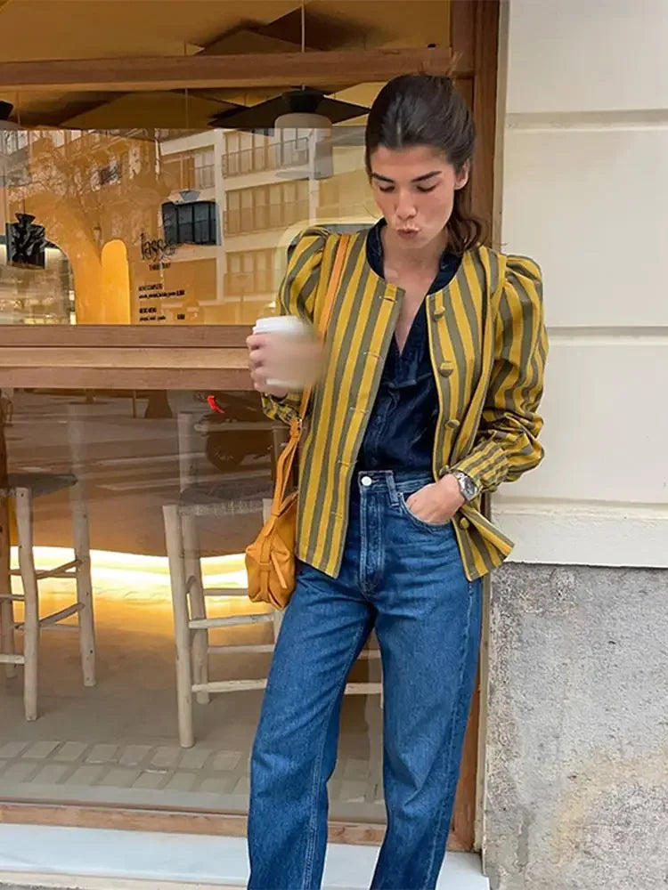 Women Contrasting Stripes Shirt Jacket Elegant Loose O Neck Long Puff Sleeve Thin Coat New Chic Female Artistic Streetwear 2024