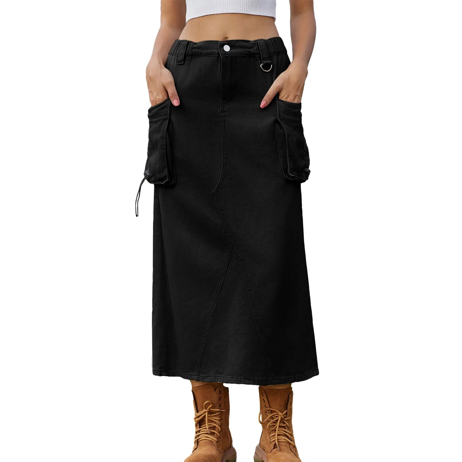 Edhomenn Women s Midi Cargo Skirt Solid Color Drawstring Denim Skirt with Pockets Y2k Long Skirt Streetwear black