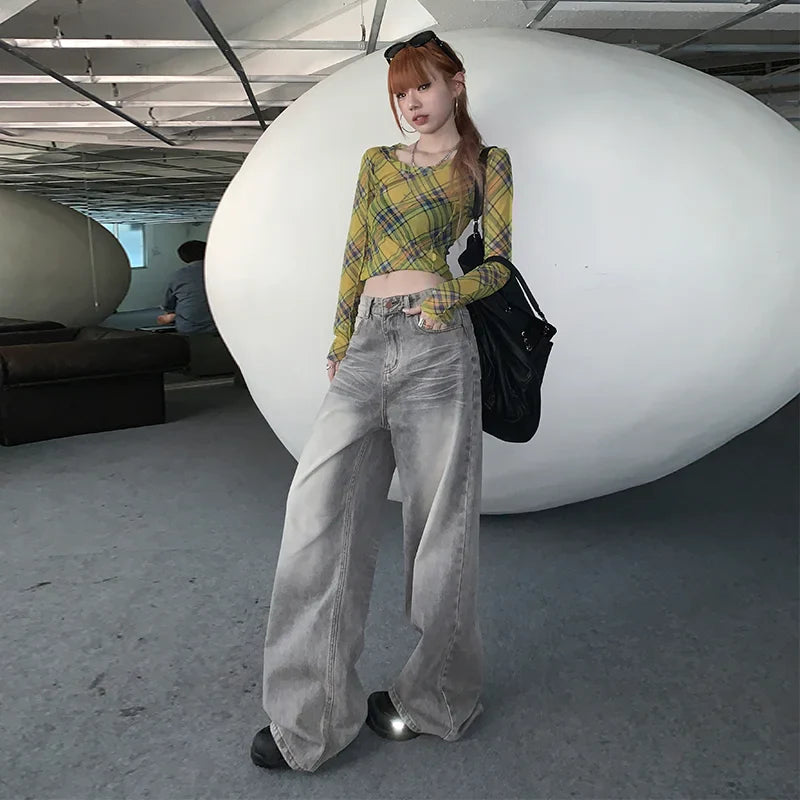 Grey Womens Jeans High Waist Straight Baggy Denim Pants American Korean Fashion Y2K Gradient Female Wide Leg Denim Trouser