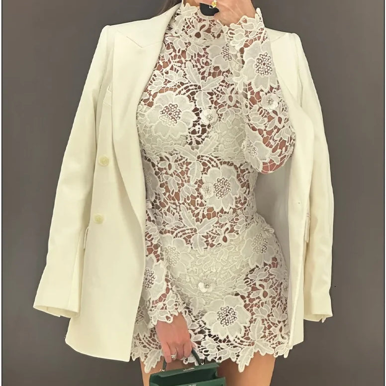 White Color Women Long Sleeve Sexy Lace Hollow Out Bodycon Mini Dress Nightclub Party Celebrate Birthday Fashion Wear