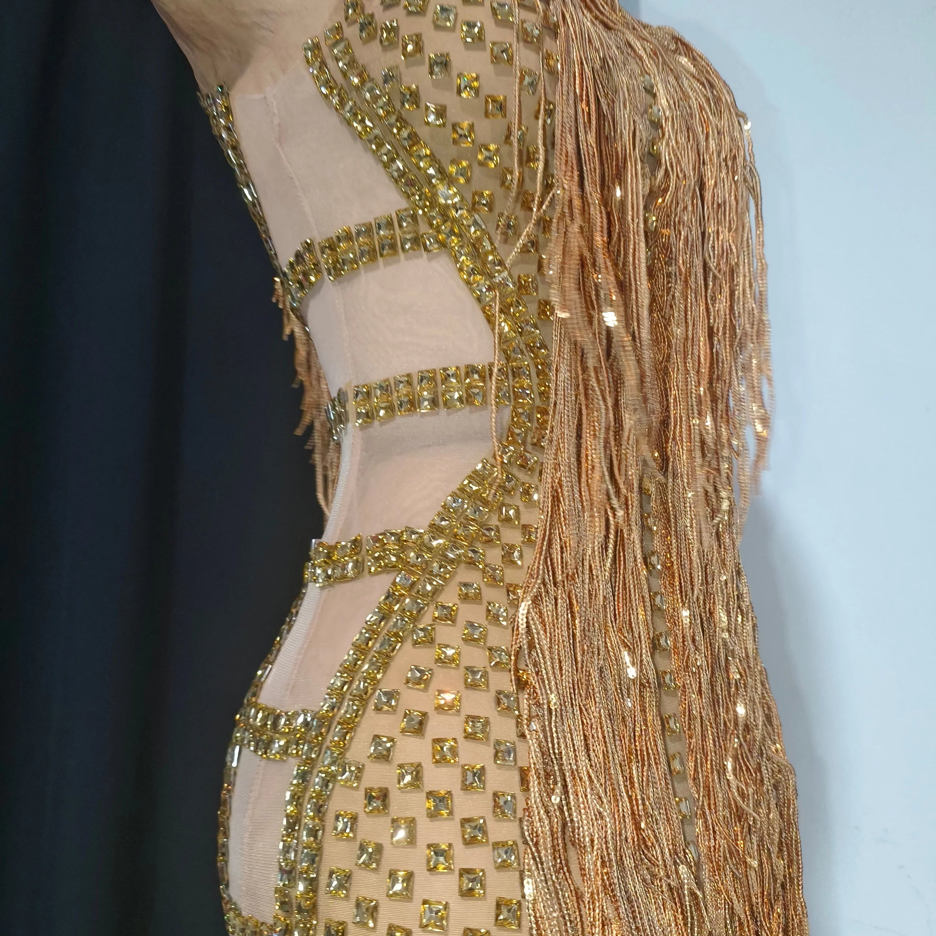 Opulent Gold Halter Neck Mini Dress Women Sexy Crystal Embellished Fringe Trim Form-Fitting Outfit Formal Event Party Costume