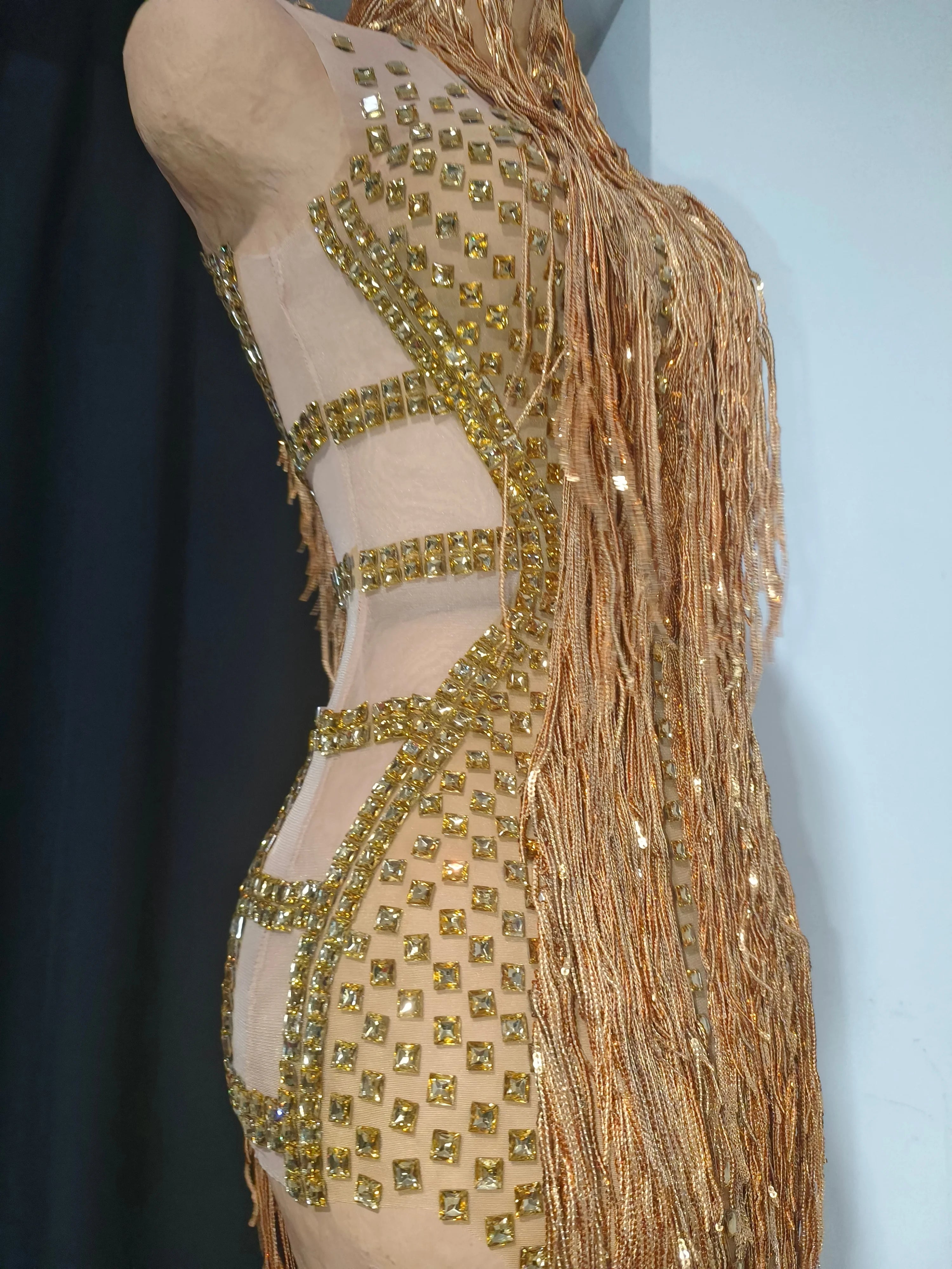 Opulent Gold Halter Neck Mini Dress Women Sexy Crystal Embellished Fringe Trim Form-Fitting Outfit Formal Event Party Costume