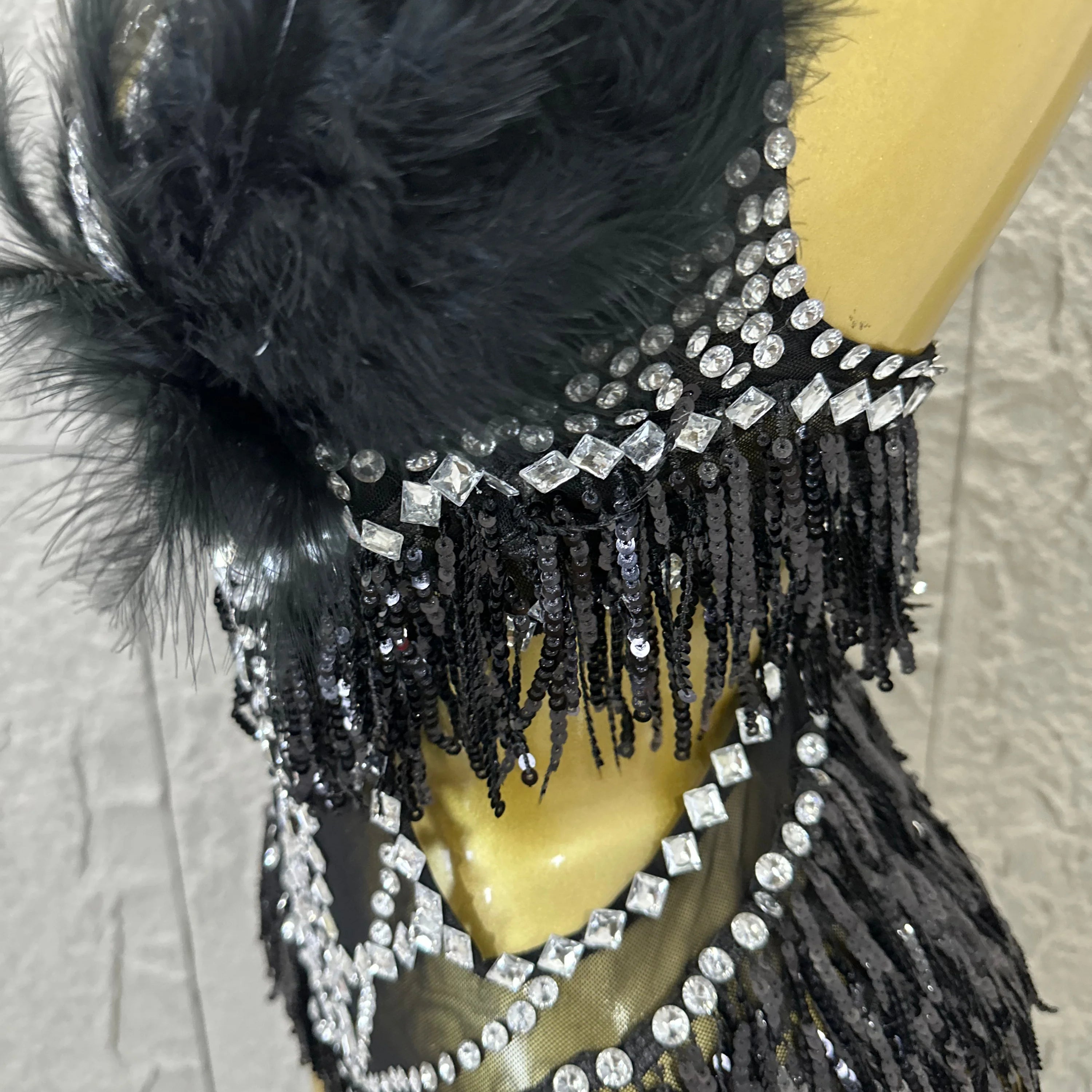 Luxurious Sheer Mesh Bodysuit Women Sexy Crystal Embellished Feather Fringe Trim Spaghetti Strap Outfit Stage Performance Outfit