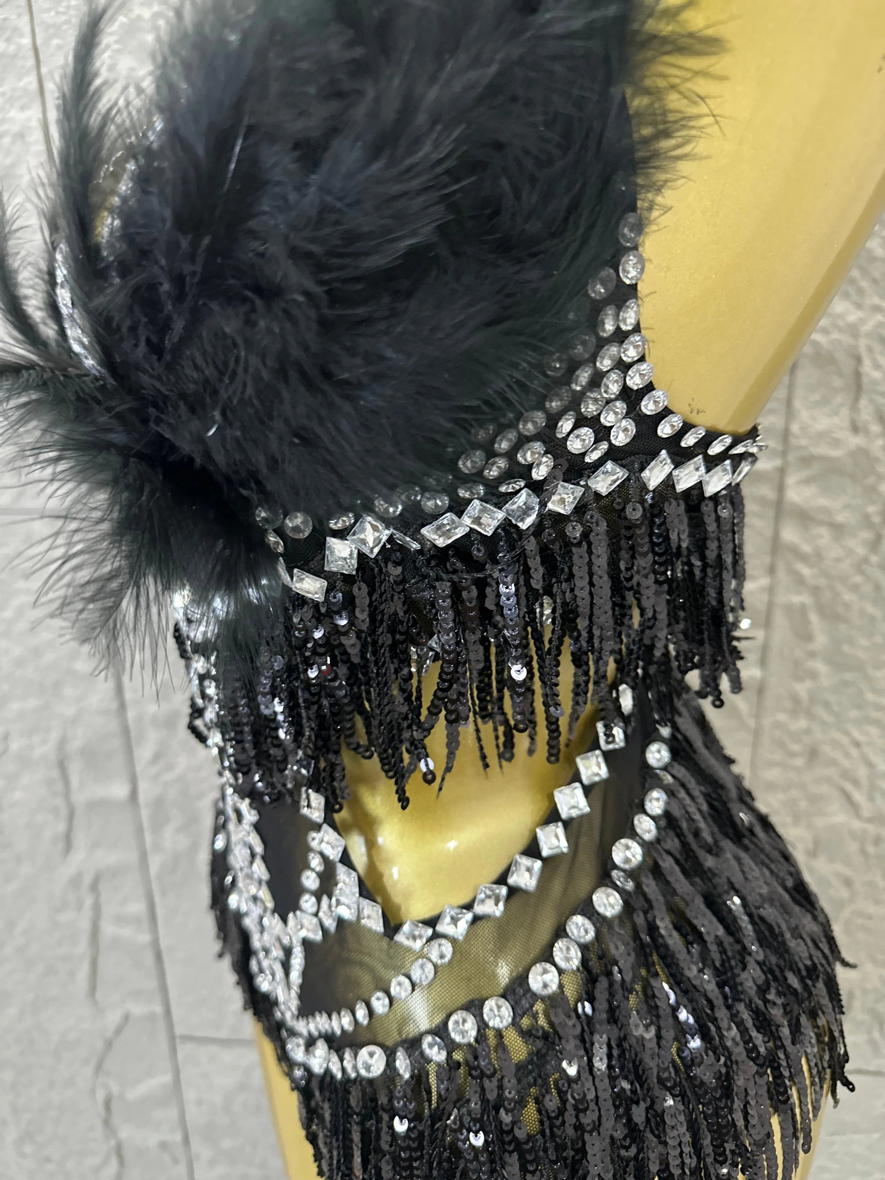 Luxurious Sheer Mesh Bodysuit Women Sexy Crystal Embellished Feather Fringe Trim Spaghetti Strap Outfit Stage Performance Outfit