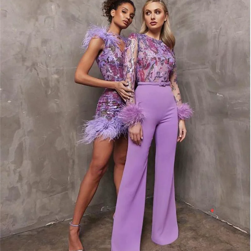 STOCK Gorgeous Feathers Shining Diamonds Violet Sequins Sleeveless Mini Dress Graceful Woman Evening Party Outfit