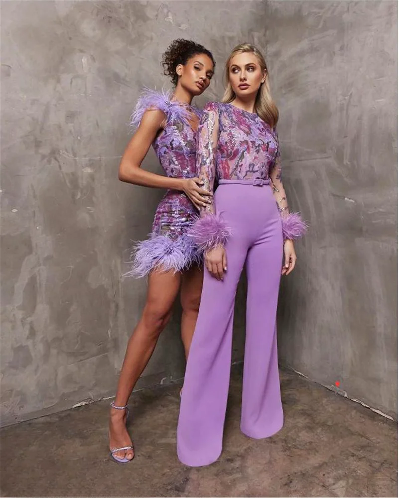 STOCK Gorgeous Feathers Shining Diamonds Violet Sequins Sleeveless Mini Dress Graceful Woman Evening Party Outfit