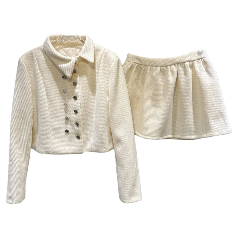 Winter New Fashion Sweet Temperament Double Row Metal Button Quilted Short Jacket Skirt Set For Women 1A07892