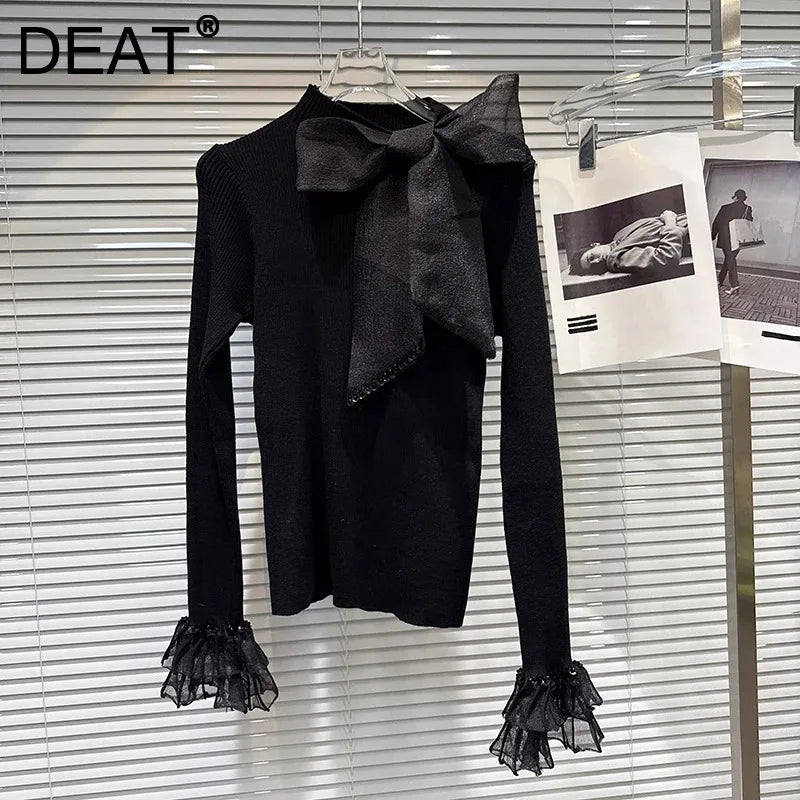 Winter New Fashion Rhinestone Bowknot Elastic Knitted Sweater For Women Slim Fit Versatile Pullover Female 11A07585