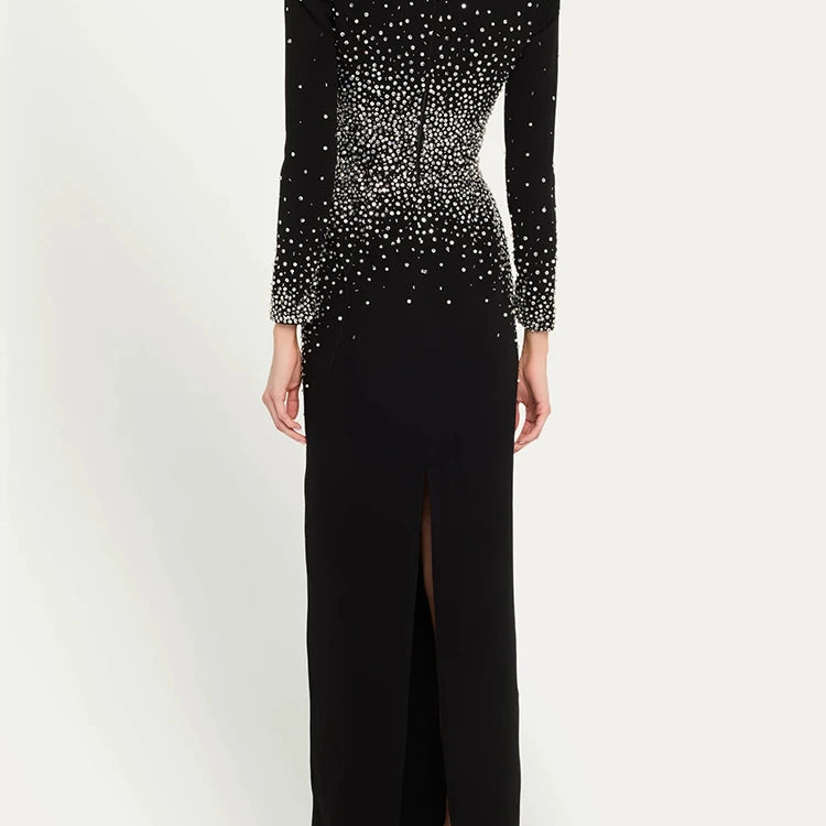 Black Long Sleeves Pearls Embellished Long Dress For Women V Neck Beaded Celebrity Party Evening Gowns Vestidos