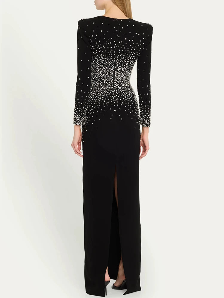 Black Long Sleeves Pearls Embellished Long Dress For Women V Neck Beaded Celebrity Party Evening Gowns Vestidos