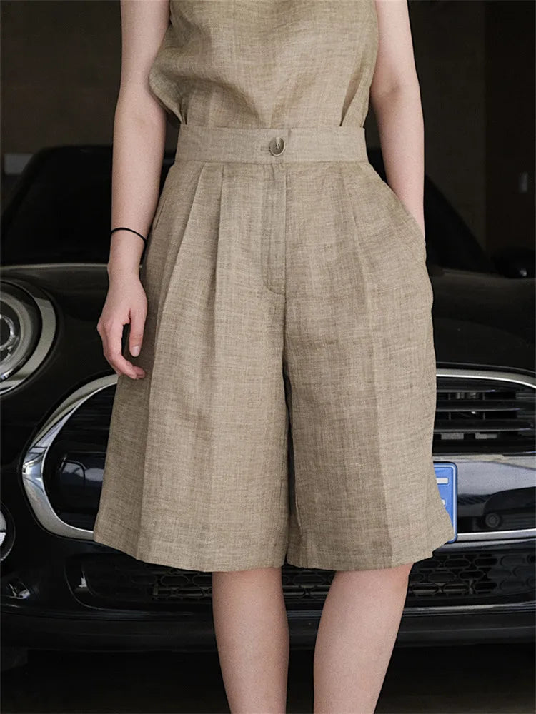 HanOrange Summer Lazy Linen Casual Knee Length Pants Women Loose Thin Anti-transparent A-line Profile Five Cents Trousers hay green