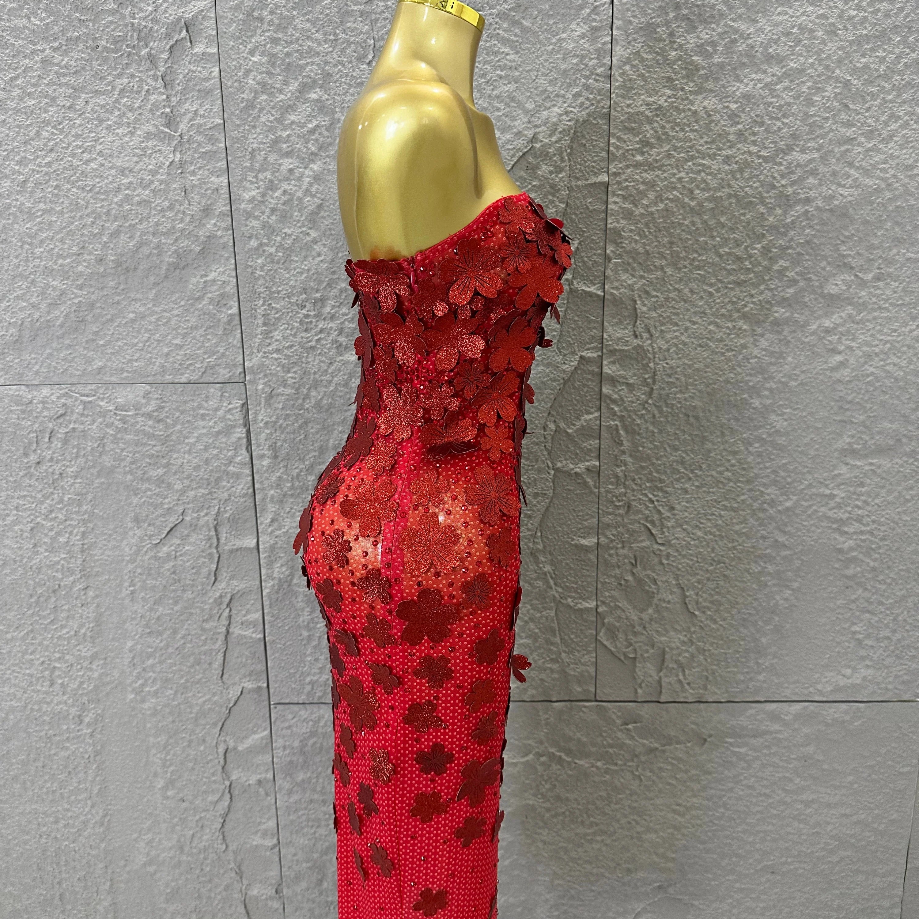 Sparkly Women Sexy Strapless Slim-fit 3D Flower Evening Gala Party Nightclub Cocktail Party Stage Performance Costume