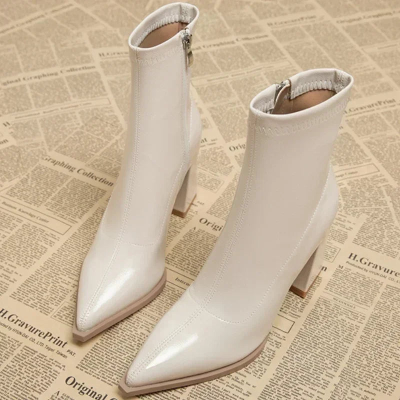 Hot Sale Shoes Female Zipper Winter Women's Boots Pointed Toe Solid Plus Velvet Warm Short Barrel High Heels British Boots Beige velvet