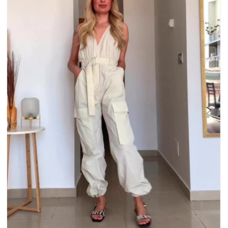 Summer Women Fashion Safari Style Halter Jumpsuit Sexy V-Neck Backless Stretch High Waist Jumpsuits Female Solid Pocket Bodysuit
