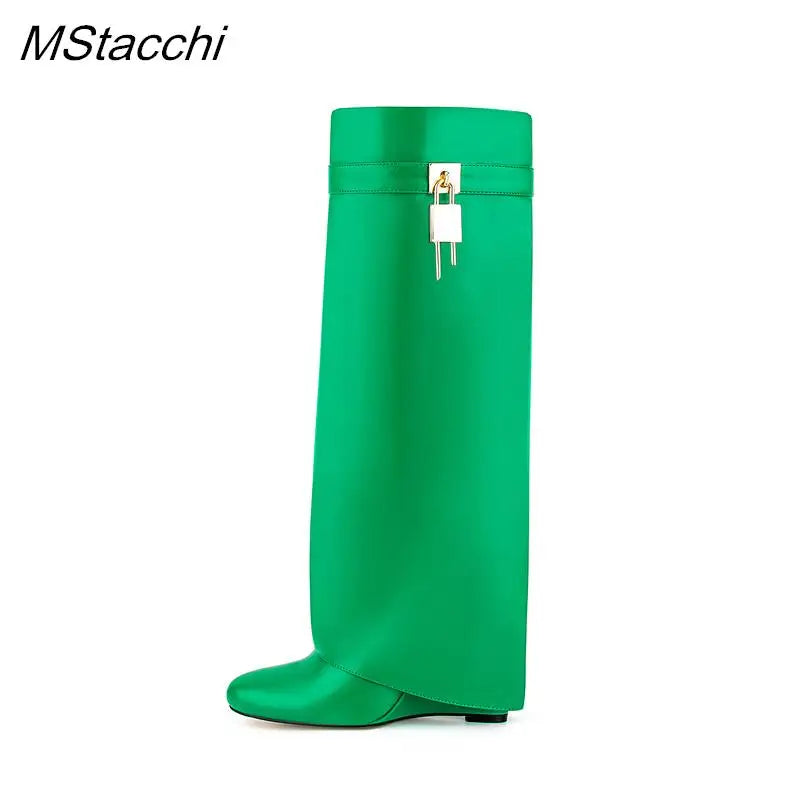 Lock Metal Buckle Women Knee High Boots Wedges Shoes For Woman Punk Style Round Toe Zipper Cowboy Boots Trend 2025 Female Shoes green
