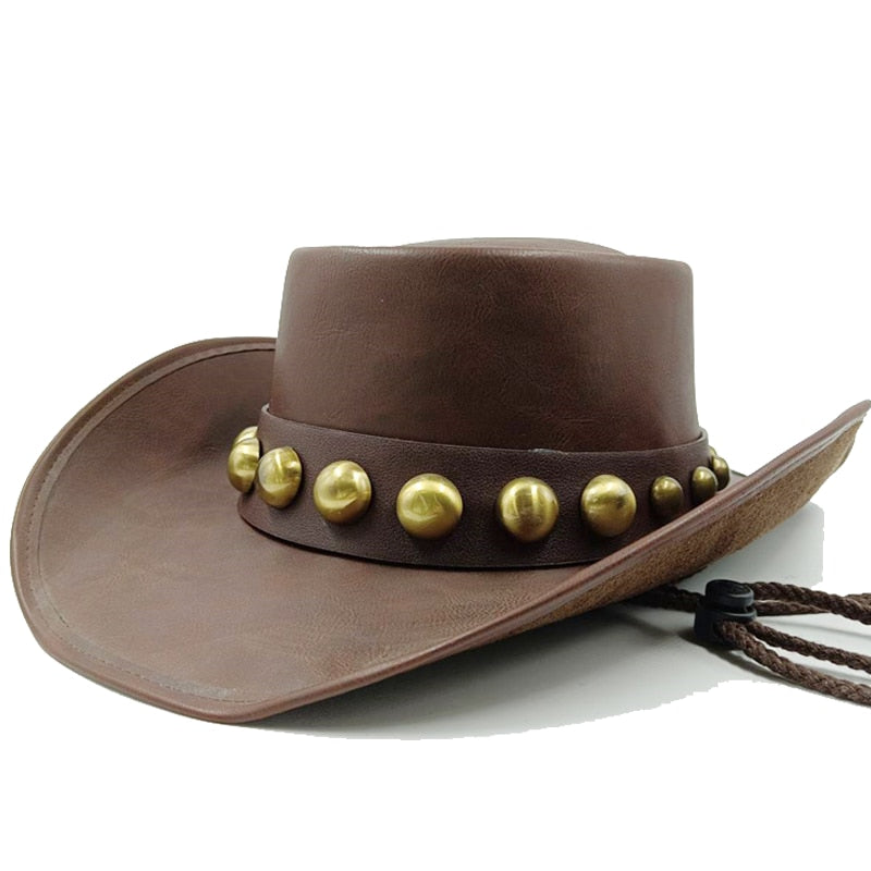 Retro Unisex Vintage Wide Brim Leather Cowboy Cowgirl Western Hat With Tassel Braid Leather Band Size 58-59CM 14 56-58cm