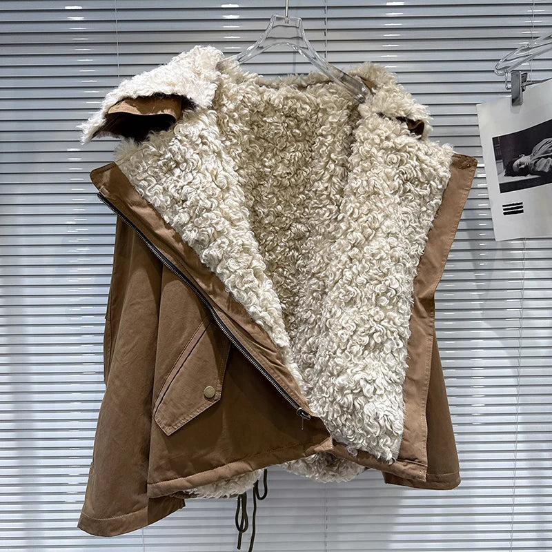 Winter New Fashionable Sailor Collar Fur Fleece Reversible Parka Coat For Women Loose Warm Jacket Female 11A07856