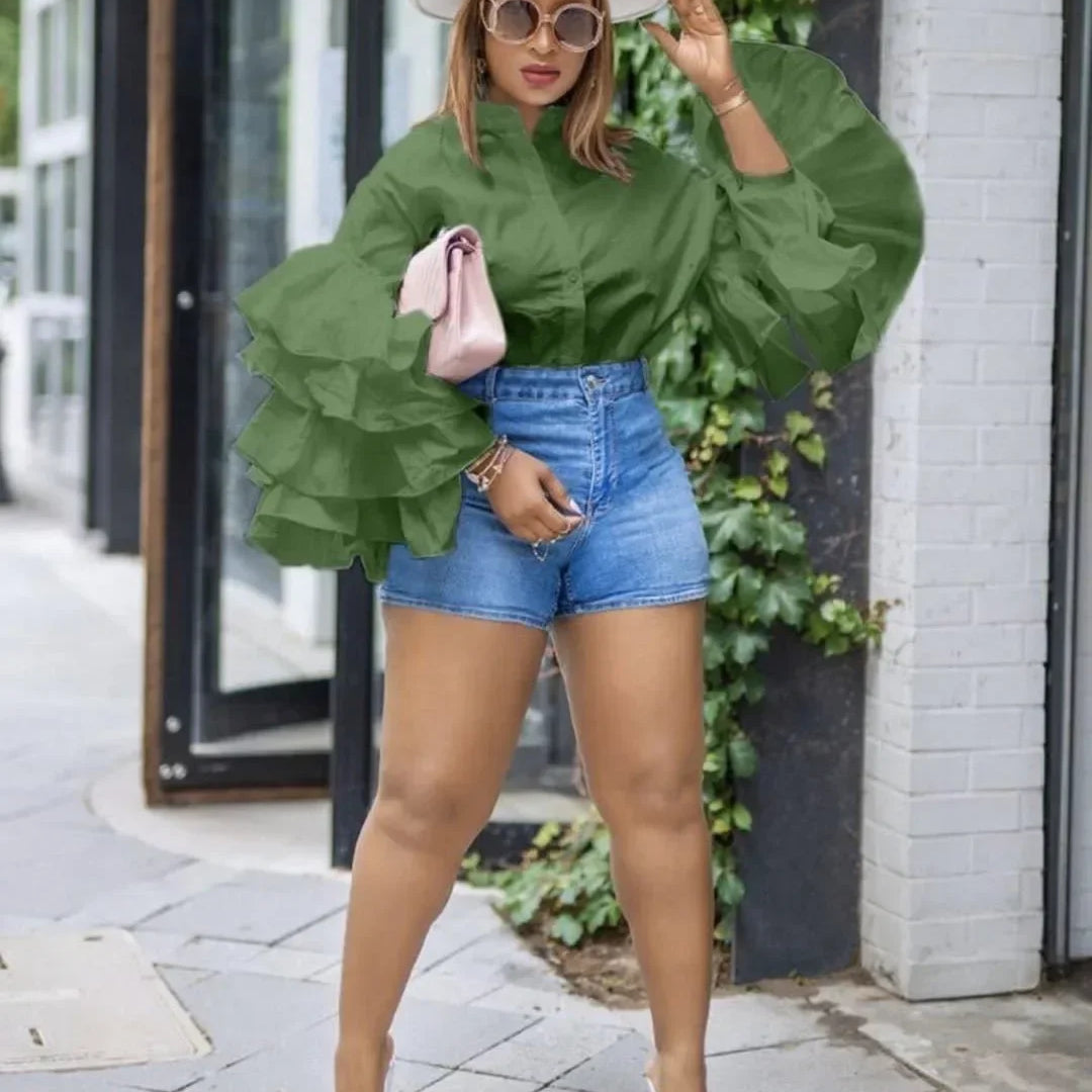 Women Shirts Solid Full Ruffles Sleeve Turn-down Collar Single Breasted Loose Shirts Office Lady Streetwear Summer Tops Green