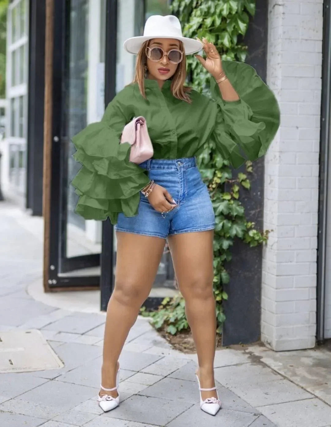 Women Shirts Solid Full Ruffles Sleeve Turn-down Collar Single Breasted Loose Shirts Office Lady Streetwear Summer Tops Green