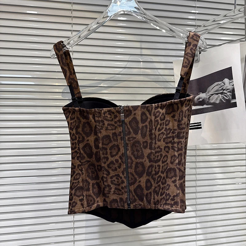Winter New Fashion Suede Leopard Print Fishbone Waist Cinching Chest Pad Camisole For Women Tank Tops Female 11A07581