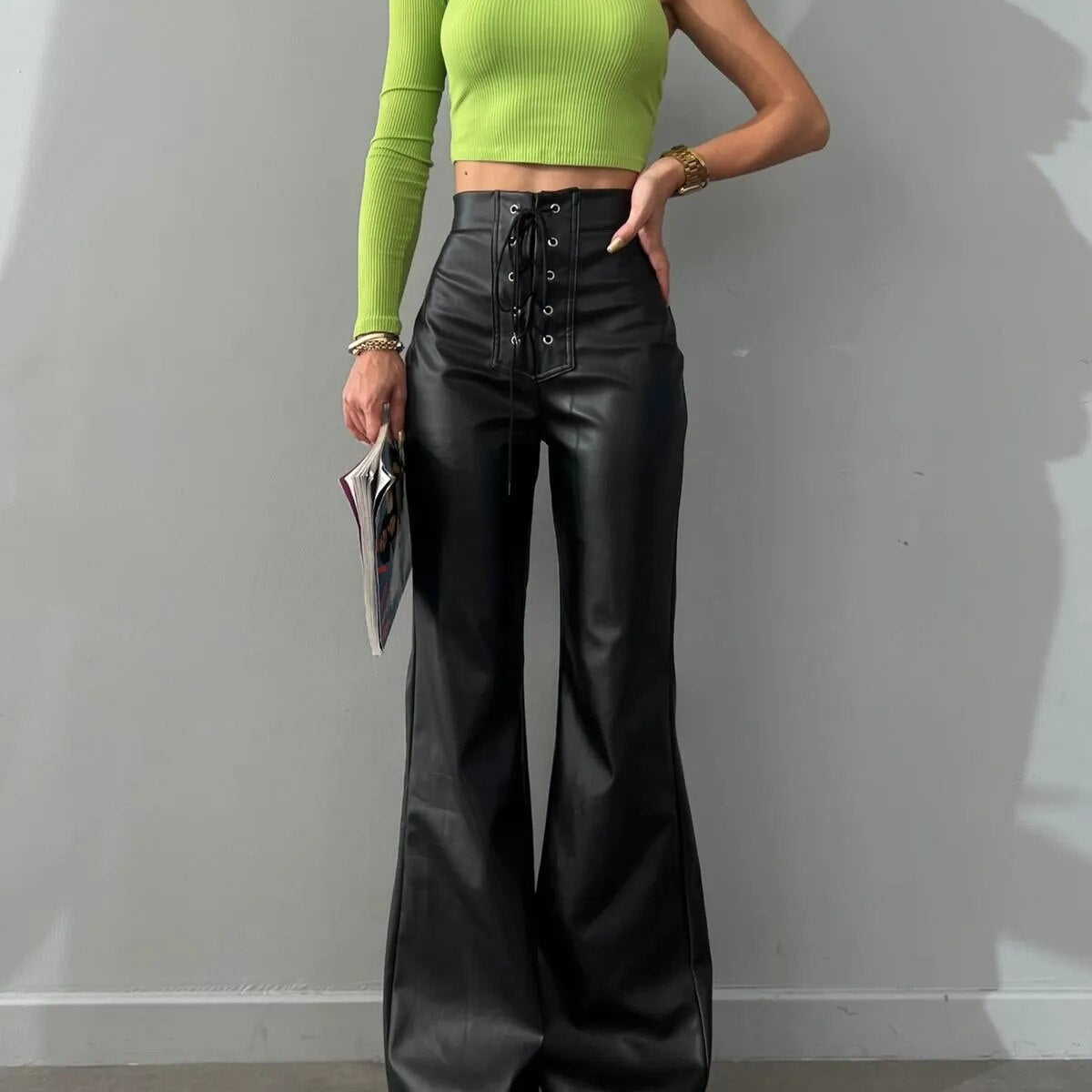 Stylish Chic Faux Leather Pants Women Autumn Winter Sexy High Waist Long Flare Pants Woman Drawstring Black PU Leather Trousers Black