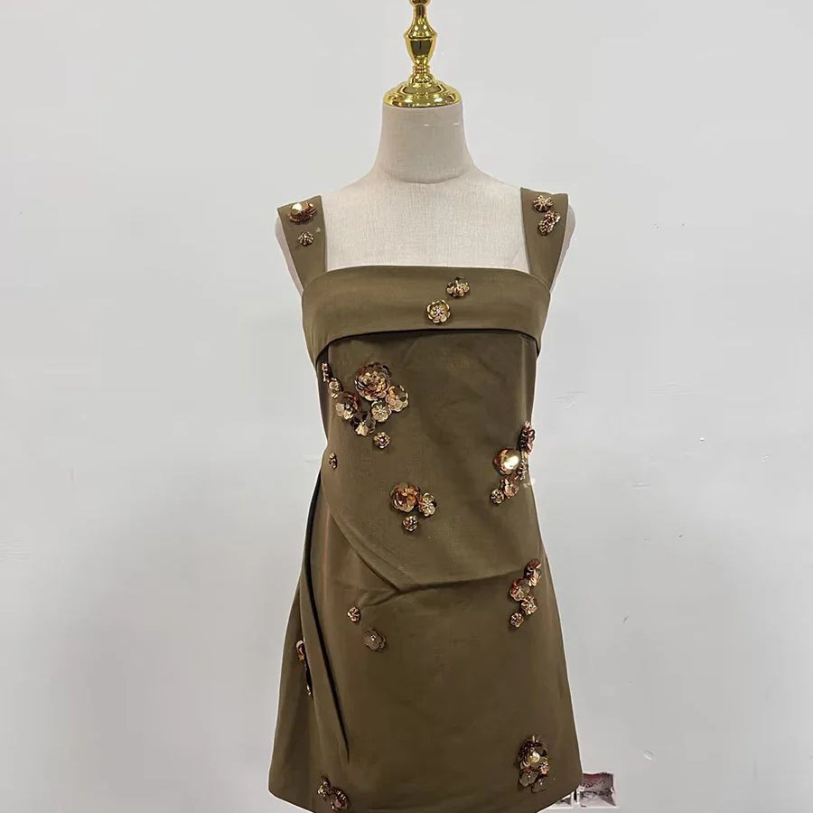 Solid Slimming Fashion Mini Dresses for Women Square Neck Sleeveless Patchwork Sequins Temperament Dress Female New