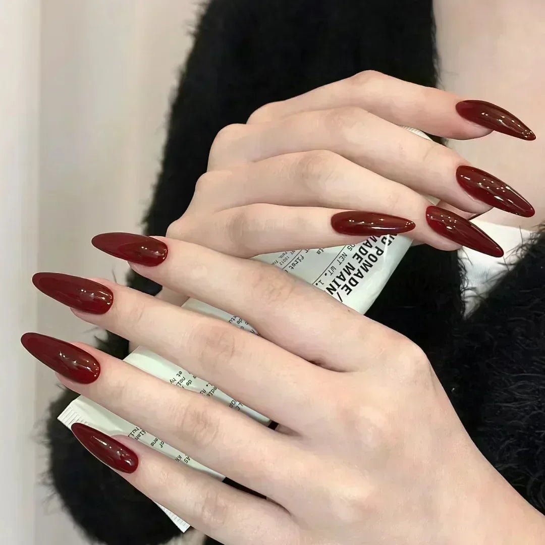 24Pc False Nails with Glue Almond Black Red Gradient Design Detachable Rhinestone Acrylic Fake Nail Long Stiletto Press on Nails 6