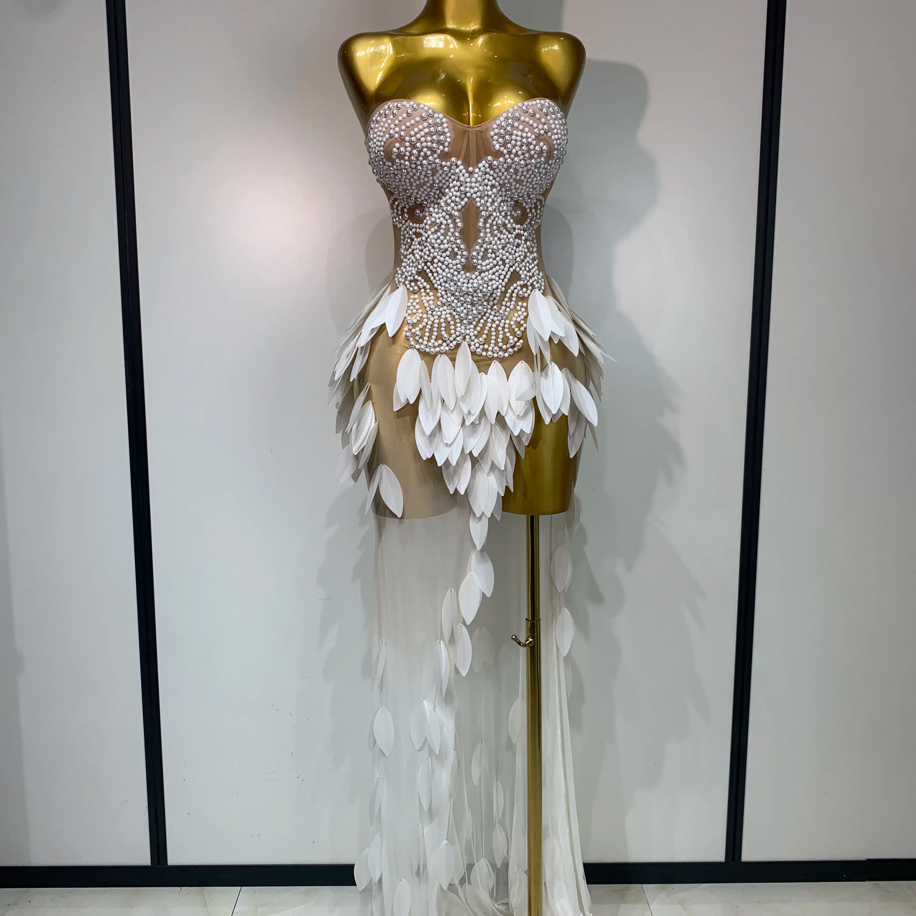 Elegant Pearl Dress Sexy Transparent Mesh Maxi Long Dresses Women Evening Party Wedding Gown Red Carpet Celebrity Stage Outfit WHITE
