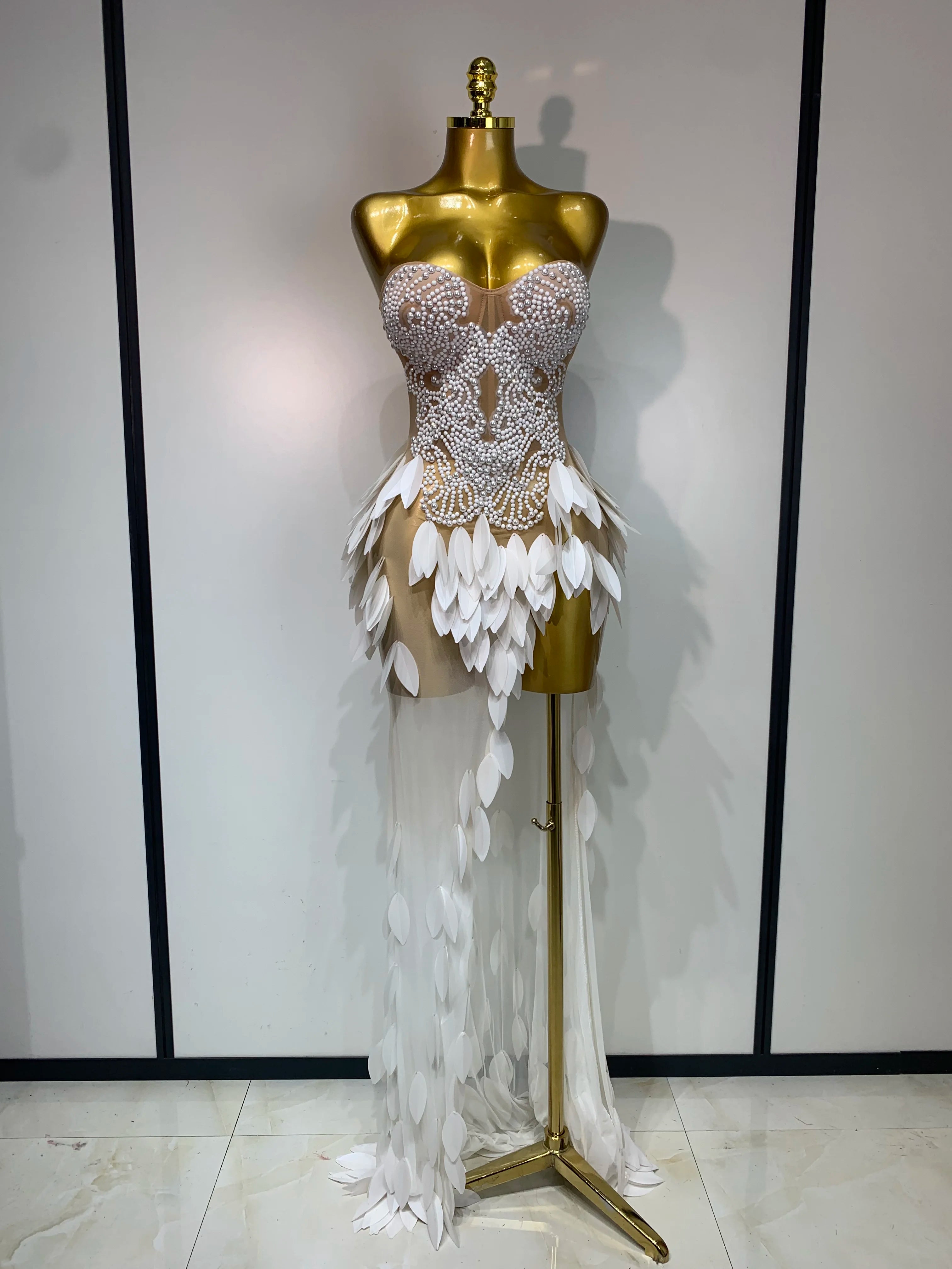 Elegant Pearl Dress Sexy Transparent Mesh Maxi Long Dresses Women Evening Party Wedding Gown Red Carpet Celebrity Stage Outfit WHITE