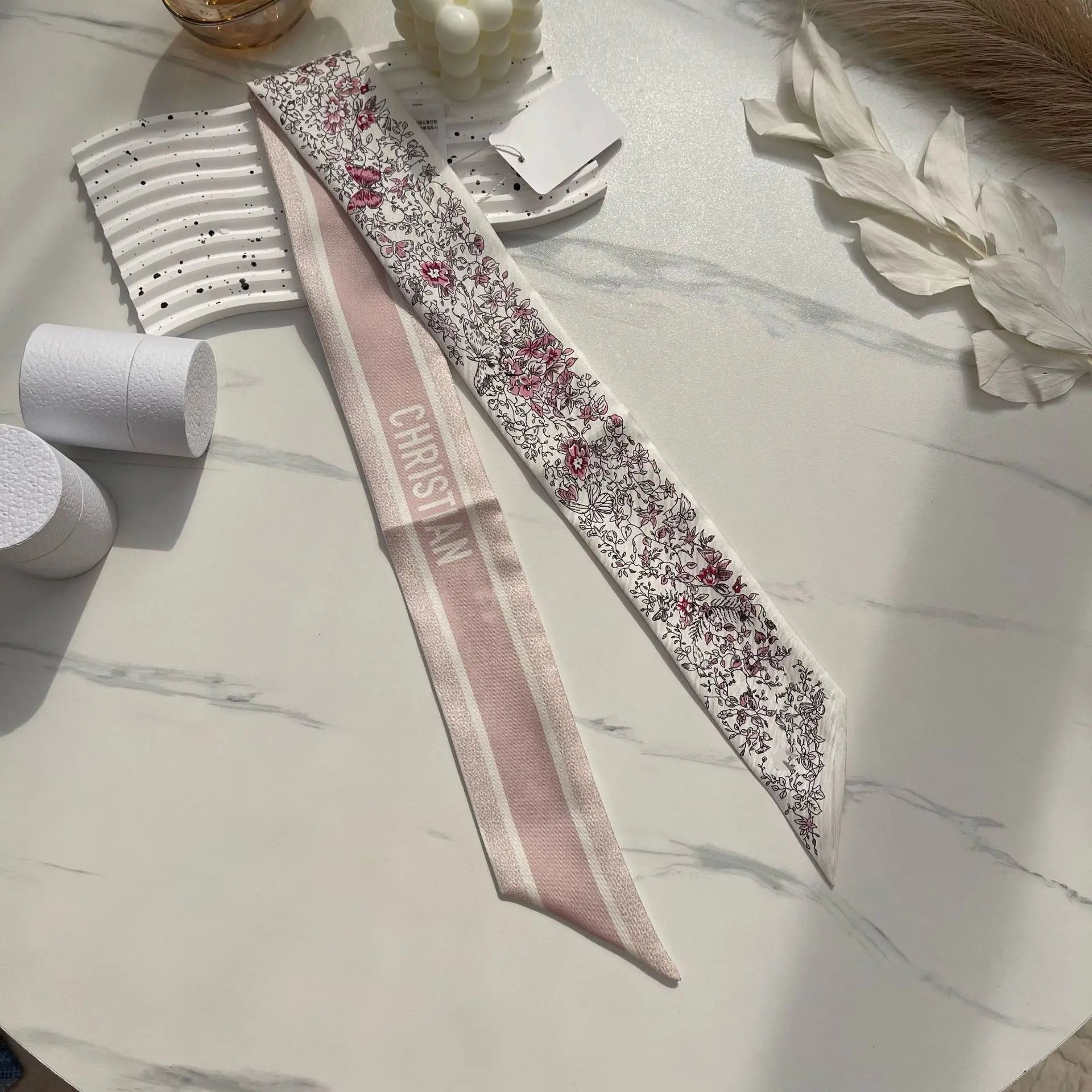 Brand CD Butterfly Around the World Women's Ribbon Scarf Twill Silk Mulberry Silk Long Small Silk Scarf Neckerchief Bags Tie HD pink